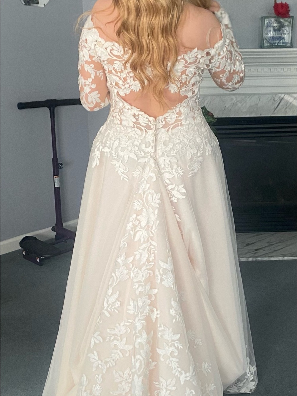 Lace Appliqué Off-Shoulder A-Line Gown in Blush